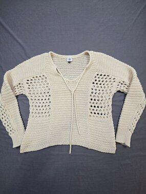 Cabi Small Sweater Beige Knit Long Sleeve Openwork Pullover Top Cotton Boho